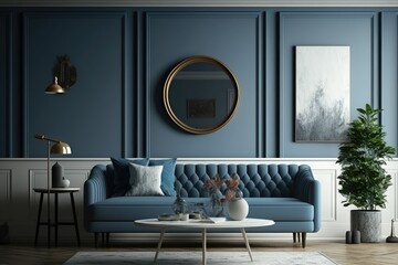 Classic blue sofa in classic living room interior with copy space on the wall. Mock up, 3D Rendering