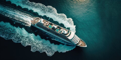 Overhead view of a modern cruise ship in a calm sea with crystal clear water. Generative AI - obrazy, fototapety, plakaty