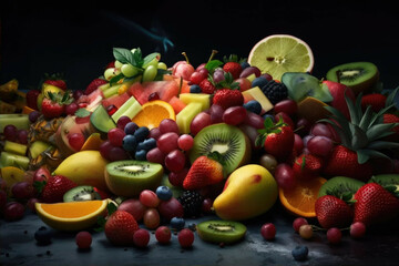 Obraz na płótnie Canvas A colorful and vibrant fruit salad with a variety of fruits, including watermelon, kiwi, and strawberries - Generative AI