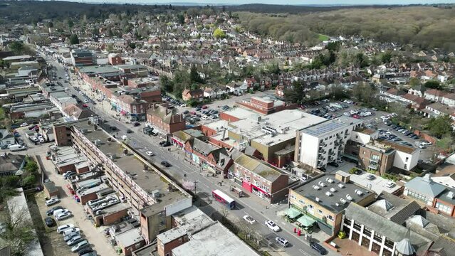 High angle drone aerial Loughton Essex UK town centre