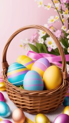 Fototapeta na wymiar Colorful Easter Eggs on a Basket, Easter Holiday Decoration for Mobile Device