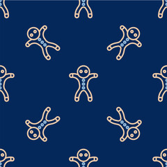 Fototapeta premium Line Holiday gingerbread man cookie icon isolated seamless pattern on blue background. Cookie in shape of man with icing. Vector