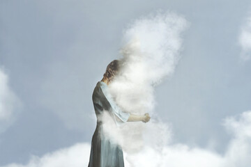 surreal woman tenderly embraces a cloud, abstract concept