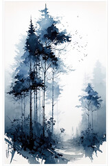 Indigo blue forest water painting on a white background