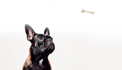 Obraz premium Portrait of a dog looking longingly at a delicious bone. Isolated white. Generative AI