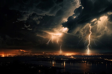 Naklejka na ściany i meble Generative AI illustration. The scene of lightning strike and thunder in the night sky in the urban landscape.