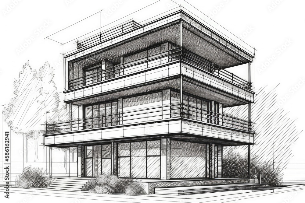 Poster modern skyscraper with a facade covered in multiple windows created with generative ai technology