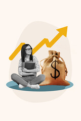 Vertical banner collage of young girl business investor startup owner hold documents look crypto graph growth isolated on beige background