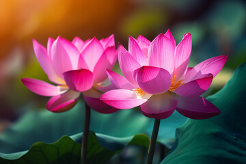 Obraz premium Lotus blooming over pink blurred background. Water lily flower close up, generative AI tools 