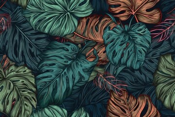 Illustration of green and orange leaves on a black background created with Generative AI technology