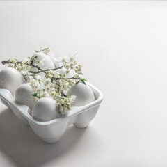 Obraz na płótnie Canvas Easter background with eggs in white holder and springtime cherry blossom branch with green leaves