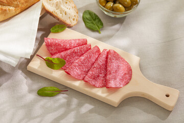 slice of salami with bread. sandwich with sausage and herbs. snack on a light table. meat delicacy under sunlight. antipasto close up.