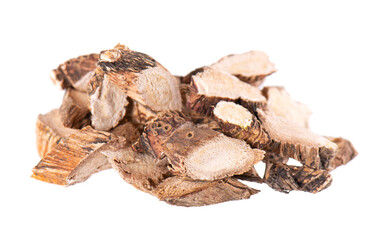 Calamus root isolated on white background. Sweet flag, sway or muskrat root, vasambu. Dry root of Acorus calamus.