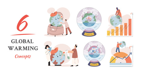 Global warming. High temperature and hot weather Earth. Climate change concept. Hot melt planet earth. Global warming heating impact. Tiny people. Raising global temperature. People energy use planet