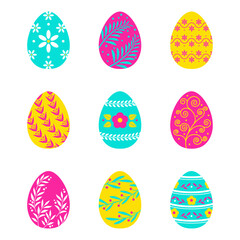 Set of colorful vector Easter Eggs illustration in vine, leaves, floral pattern, flat design style isolated on white background, spring holiday festival celebration, greeting card, promotion graphic.