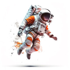 Generative AI image of full body anonymous astronaut in white and orange spacesuit and helmet flying on white b background near paint splashes