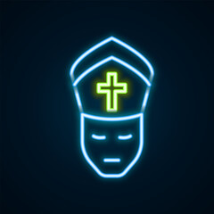 Glowing neon line Pope icon isolated on black background. Pope hat. Holy father. Colorful outline concept. Vector
