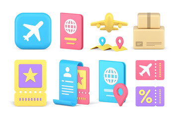 Worldwide travel international cargo shipment plane flight guidance map pin set 3d icon vector