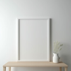 Vertical wooden frame and white portrait frame mock up on the vintage white wall. 3D illustrations, decoration, generative AI.