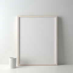 Mock up wooden frame and white portrait frame on the vintage white wall. 3D illustrations, decoration, generative AI.
