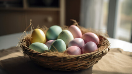 Obraz na płótnie Canvas A Basket of Spring Delight: Pastel-Colored Easter Eggs in a Sunlit Room, Generative AI
