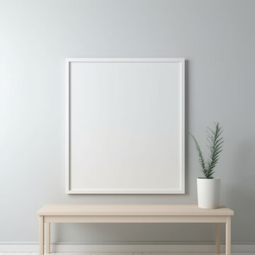 Mock up wooden frame and white portrait frame on the vintage white wall. 3D illustrations, decoration, generative AI. © MrNobody