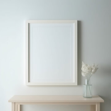 Mock up wooden frame and white portrait frame on the vintage white wall. 3D illustrations, decoration, generative AI. © MrNobody