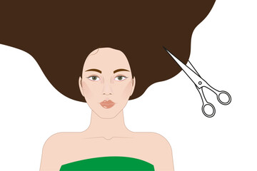 The face of a beautiful girl with long hair, a brunette with scissors next to her hair. Haircuts, hairdressing services. Vector illustration