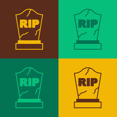 Pop art Tombstone with RIP written on it icon isolated on color background. Grave icon. Happy Halloween party. Vector