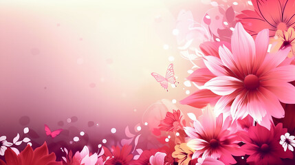 Mother's Day background with butterfly, pink flowers and free space for text copy. Generative AI.