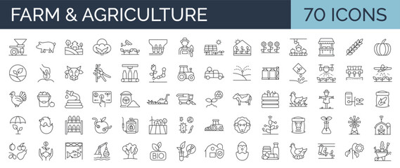 Obraz na płótnie Canvas Set of 70 line icons related to farm, farming, gardening, agriculture, smart farm, farm animals, seeding. Outline symbols collection. Editable stroke. Vector illustration