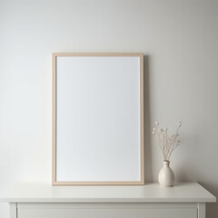 Mock up wooden frame and white portrait frame on the vintage white wall. 3D illustrations, decoration, generative AI.