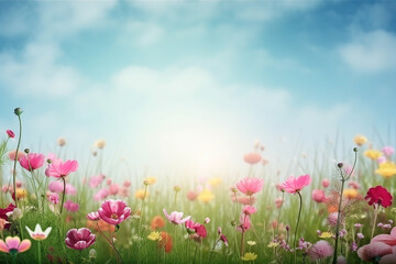 Beautiful spring summer landscape with colorful wildflowers and blue sky. Generative AI.
