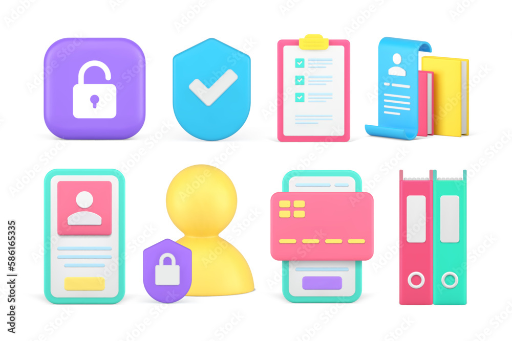 Poster information protection verification password access secret archive personal data set 3d icon vector
