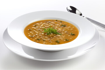 A bowl of brown soup with a sprig of parsley on top, gen art
