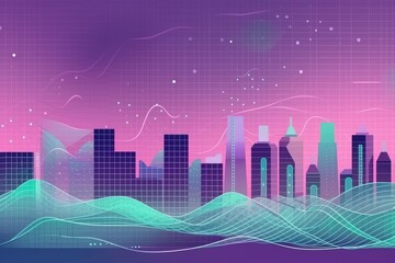 Naklejka premium Flat illustration of smart city and abstract dot point connect with gradient line in Lavender & teal, big data connection technology concept, created with Generative AI 
