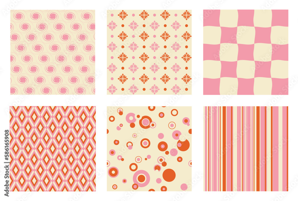 Wall mural retro seamless patterns vector set. abstract warm color vintage 70s groovy backgrounds