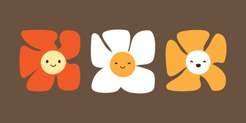 Fototapeta premium Set of Colorful Smiling Daisy Flowers on Brown Background - Cute Cartoon Characters - Vector Illustration