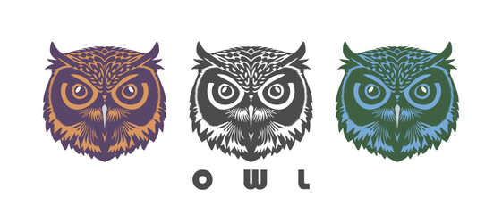 Vector set of colored owl heads on a white isolated background. Wild intelligent forest bird. Logo, sticker or icon.