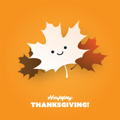 Happy Thanksgiving Card Layout with Smiling Face on Maple Tree Leaf, Design Template with Scattered Fallen Autumn Leaves