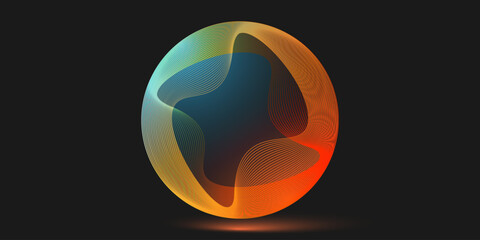 Colorful Orange, Red, Green and Blue Wavy Stripes, Lines Forming a Transparent Multi Colored 3D Round Globe Shape - Design Template Vector for Tech in Dark Background