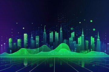 Flat illustration of smart city and abstract dot point connect with gradient linein Lime green & electric blue, big data connection technology concept, created with Generative AI
