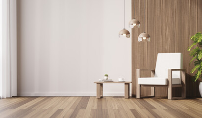 3d modern chair and table with home decoration on wooden floor against white wall. 3d interior illustration with copy space.