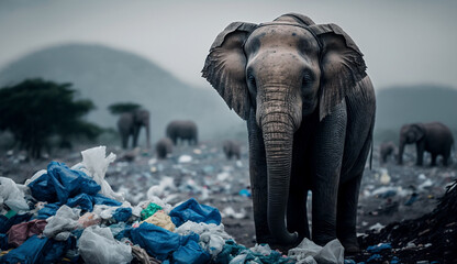 An elephant stands among the piles of plastic waste looking for food and shelter, Concept of saving the world. Generative AI.