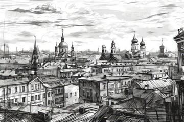 detailed and intricate cityscape in black and white created with Generative AI technology
