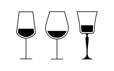 Set of black glass wine icon. Vector illustration