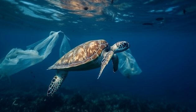 Green Sea Turtle Swimming with Plastic Pollutions in Turquoise Water