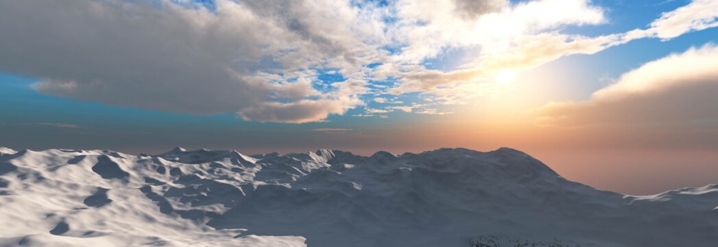 Mountain landscape, snowy peaks under the sky with clouds at the setting sun, 3d rendering