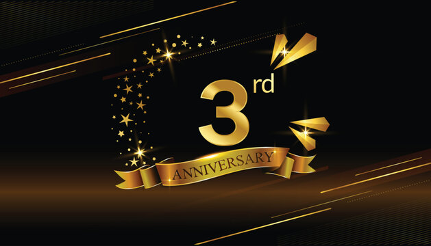 03rd anniversary logo with golden ring, confetti and red ribbon isolated on elegant black background, sparkle, vector design for greeting card and invitation card