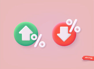 Price low down and up icon concept. Interest low price 3d percent discount vector icon. Percentage with arrow up and down. 3D Web Vector Illustrations.